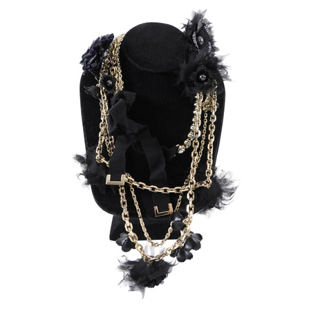 Louis Vuitton Vintage Fall 2005 Black and Purple Chain Crystal Flower Ribbon Necklace