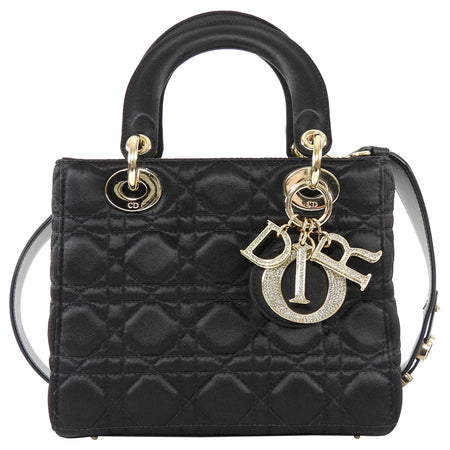Dior Black Satin Cannage Quilted Small Crystal Charms Lady Dior