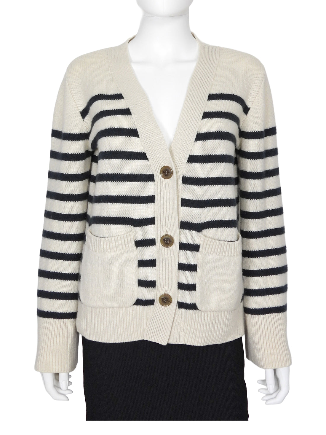 Lisa Yang Ivory Navy Cashmere Striped Cardigan Sweater - 1 / S