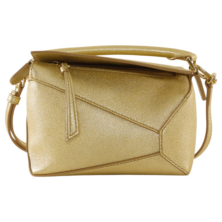 Loewe Mini Puzzle Edge Gold Metallic Leather Two Way Bag
