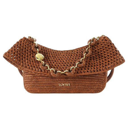 Loewe x Paula's Ibiza Ola Brown Gold Crochet Raffia Medium Chain Shoulder Bag