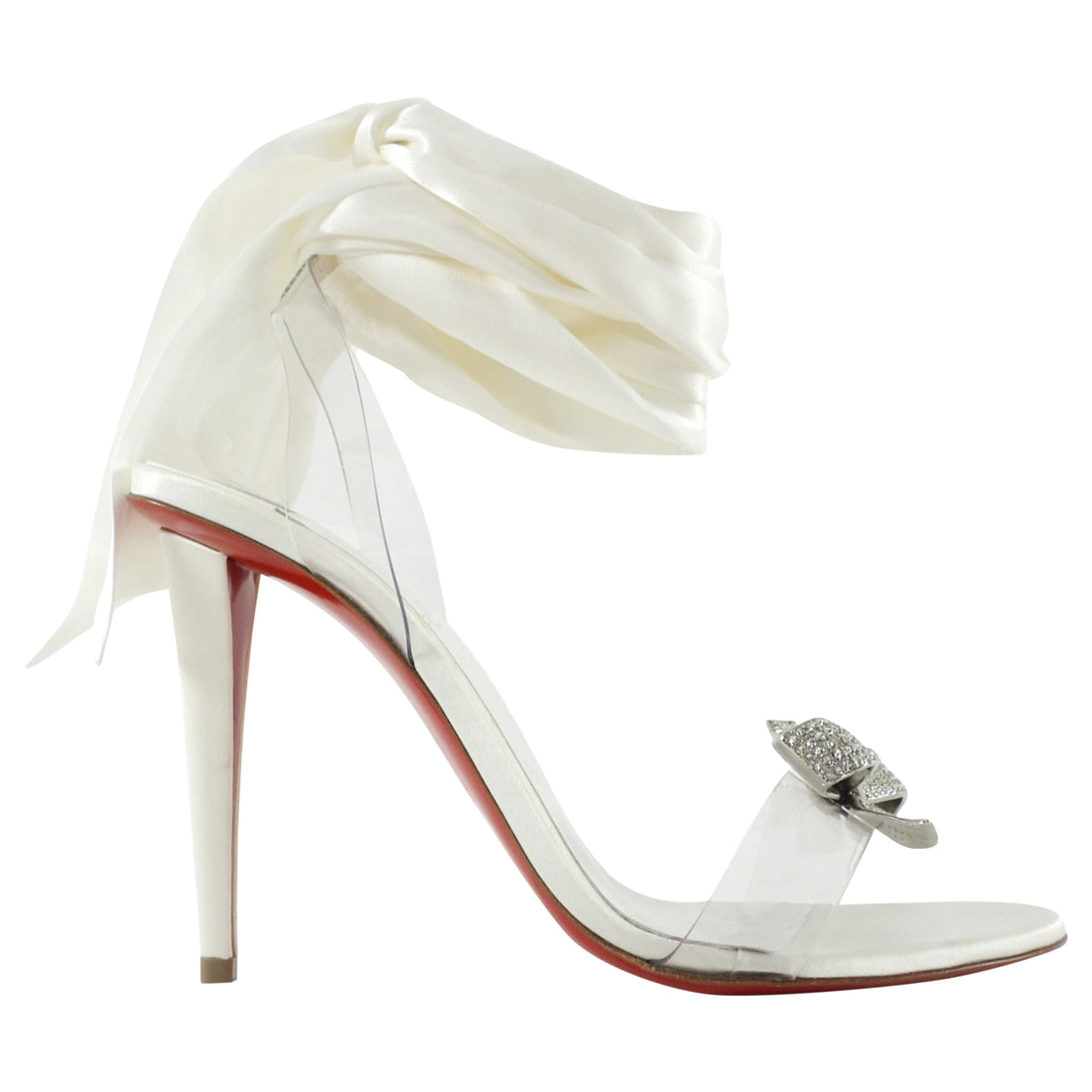 Louboutin Ivory Astrinodo Crystal Bow Satin Tie Heel Sandals - 38.5