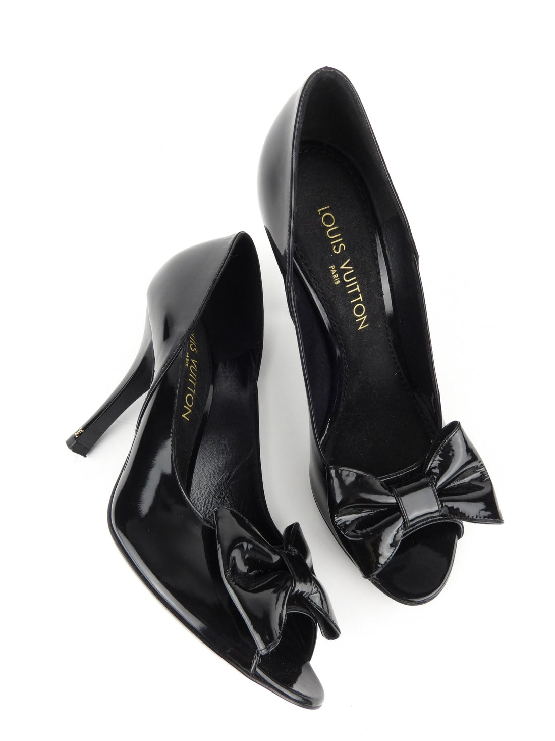 Louis Vuitton Size 38 Black Patent Bow Motif Open Toe Heels 1224lv36