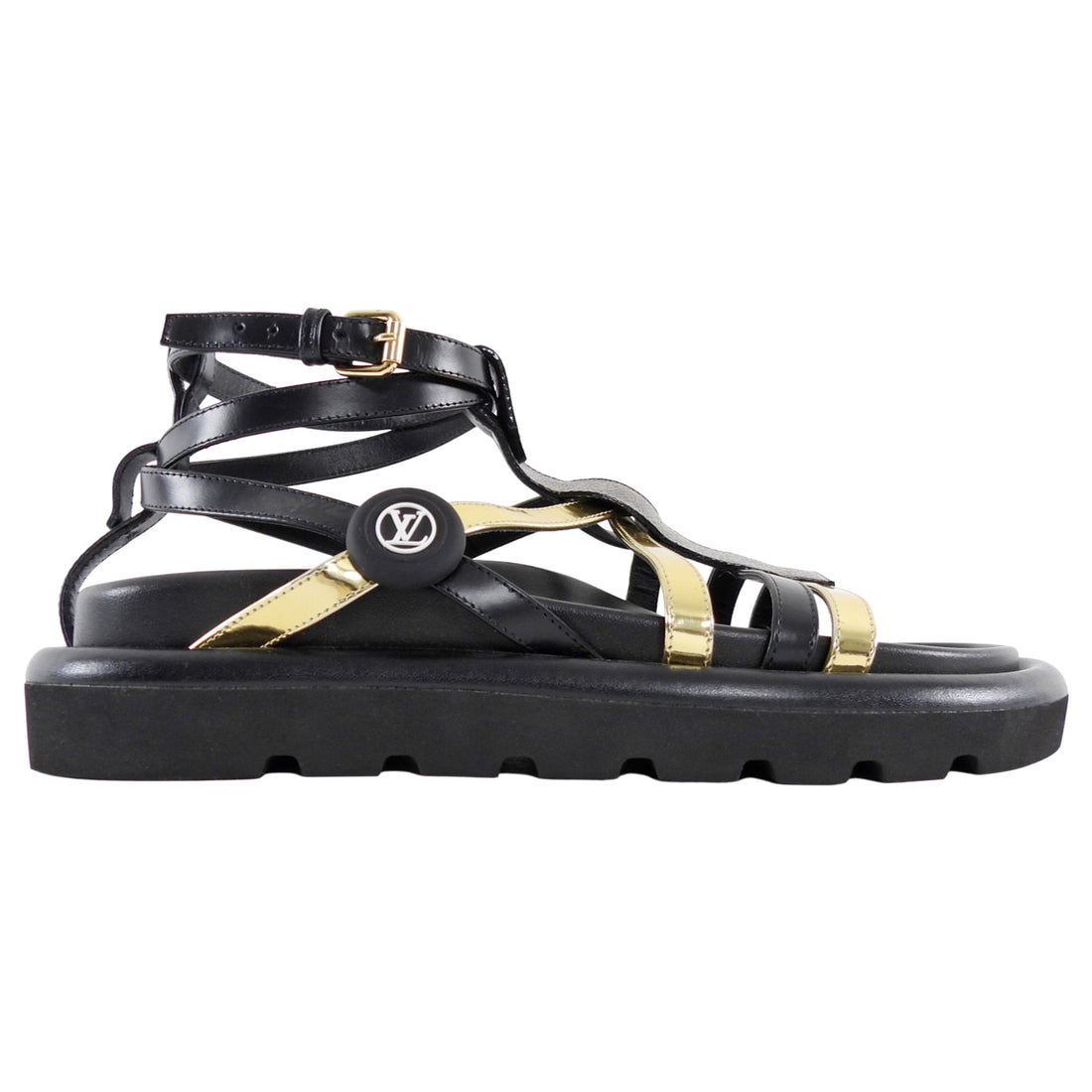 Louis Vuitton Black and Gold Strappy Leather Monogram Pillow Pool Comfort Sandals - 36