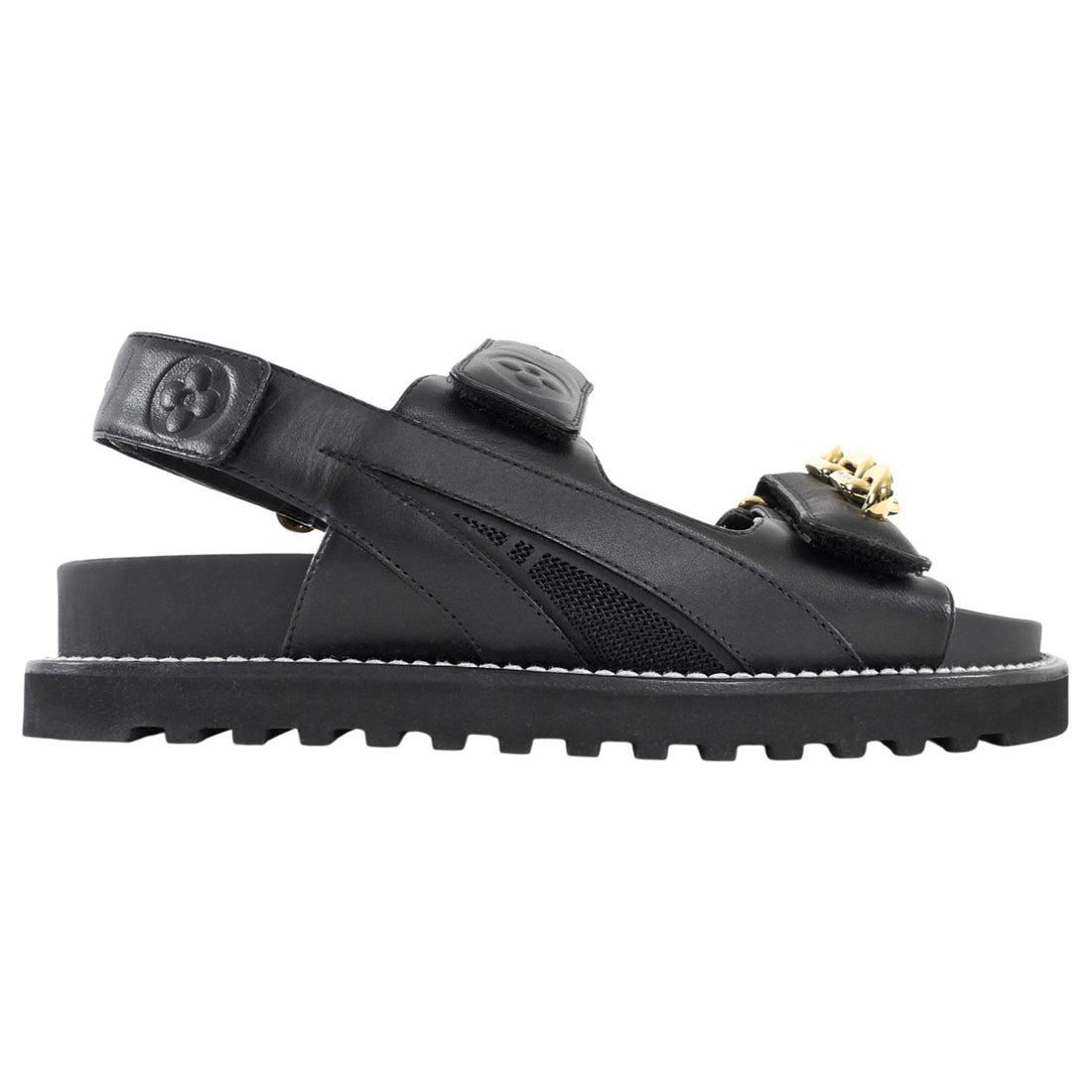 Louis Vuitton Black Leather Embossed Chain Sunset Flat Dad Sandals - 37
