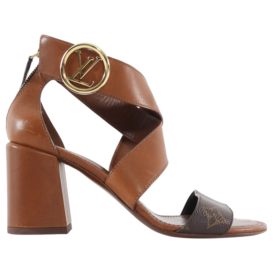 Louis Vuitton Cognac Brown Leather Monogram Canvas Ocean Drive Ankle Strap Sandals - 36.5