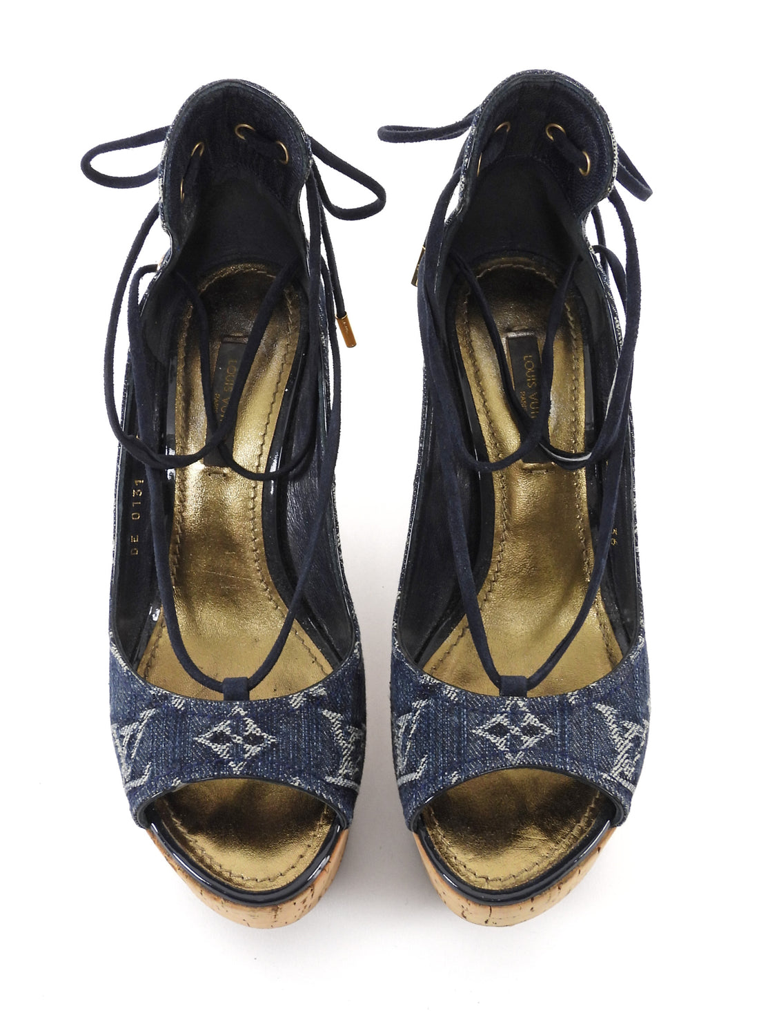 Louis Vuitton Blue LV Monogram Denim Cork Wedge Peep Toe Wedges - 36