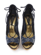 Louis Vuitton Blue LV Monogram Denim Cork Wedge Peep Toe Wedges - 36