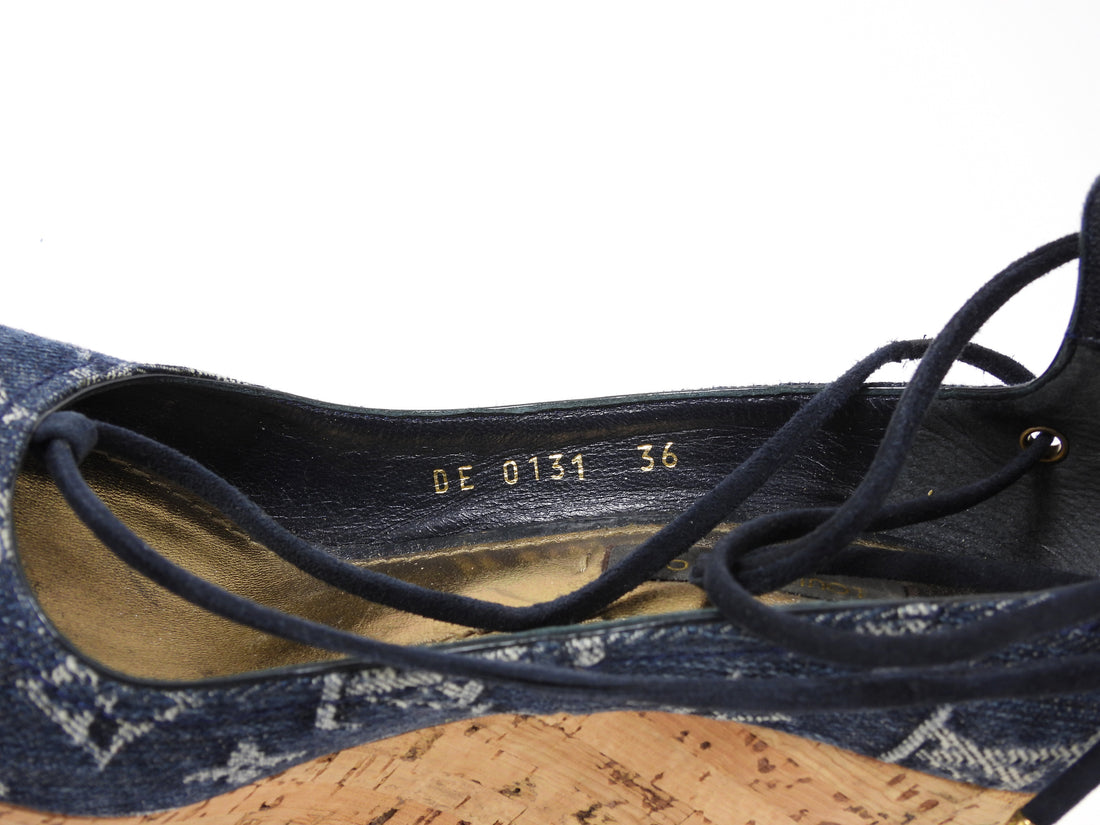 Louis Vuitton Blue LV Monogram Denim Cork Wedge Peep Toe Wedges - 36