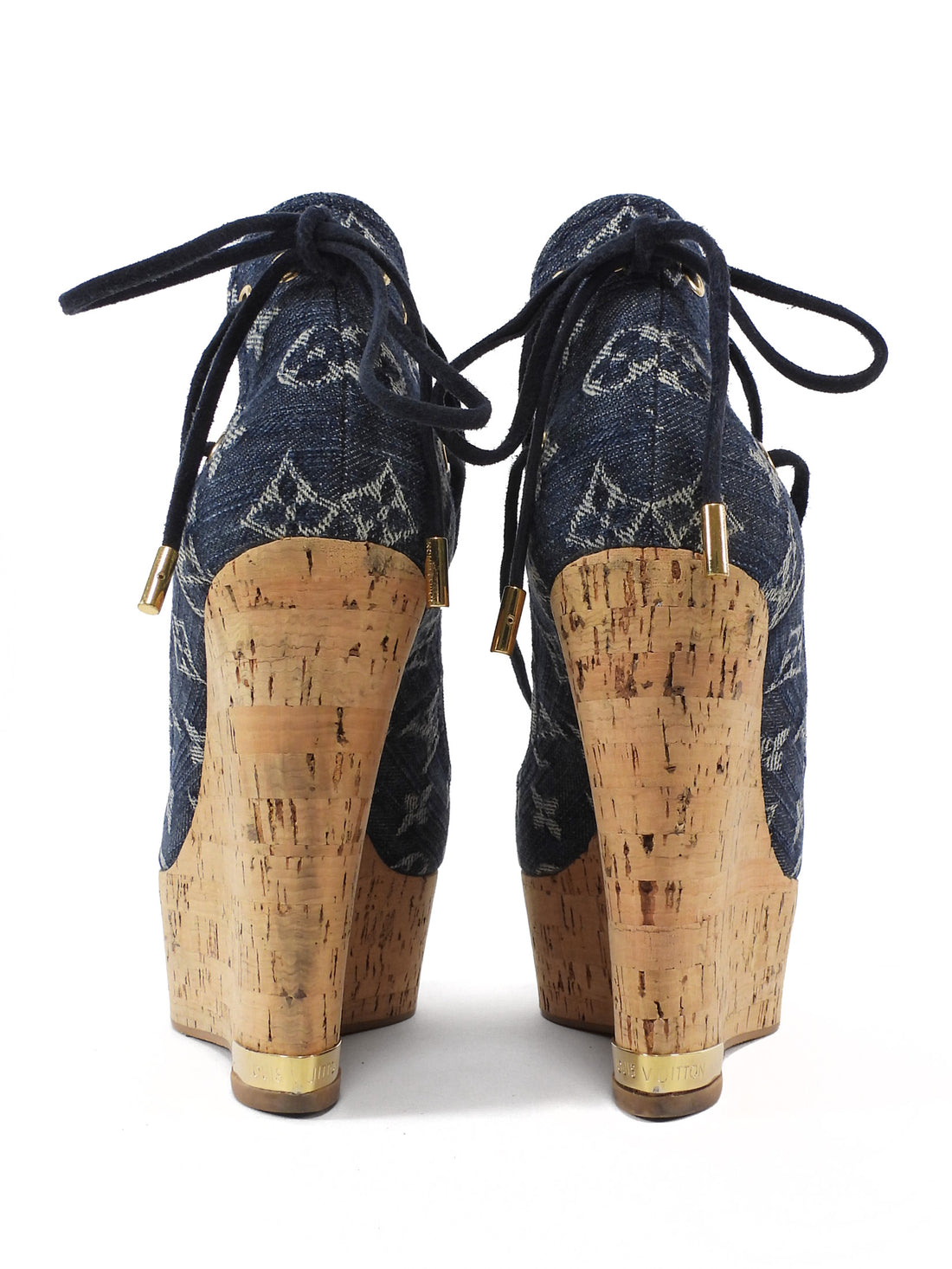 Louis Vuitton Blue LV Monogram Denim Cork Wedge Peep Toe Wedges - 36