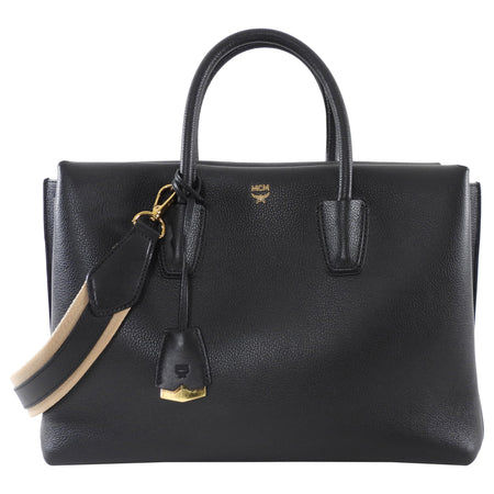 MCM Black Leather Large Milla Tote with Canvas Strap