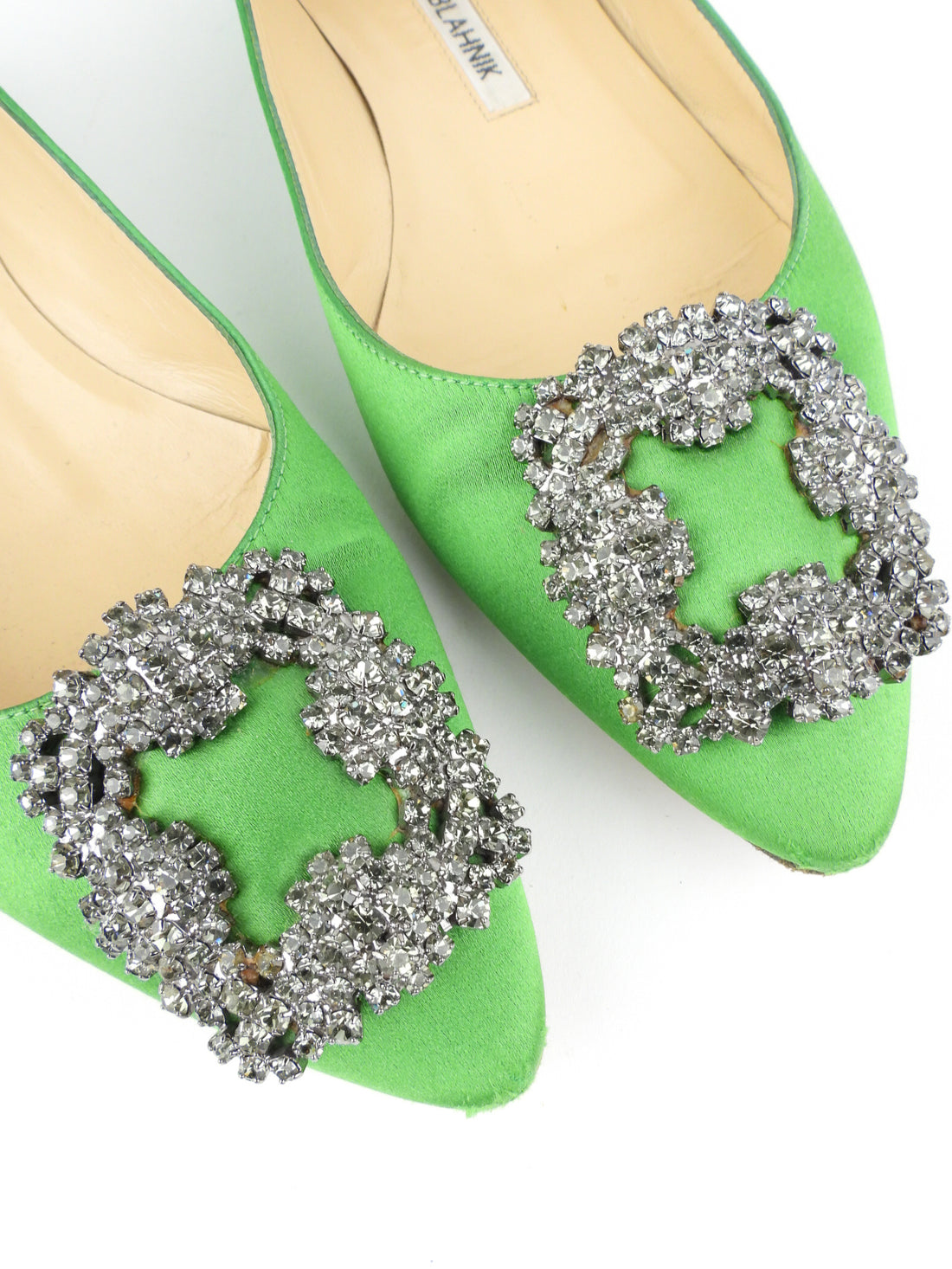Manolo Blahnik Green Satin Crystal Embellished Hangisi Ballet Flats - 35.5