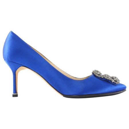 Manolo Blahnik Blue Satin Hangisi Crystal Buckle Pointed Pumps - 37.5