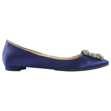 Manolo Blahnik Dark Navy Blue Satin Hangisi Crystal Buckle Pointed Flats - 37.5