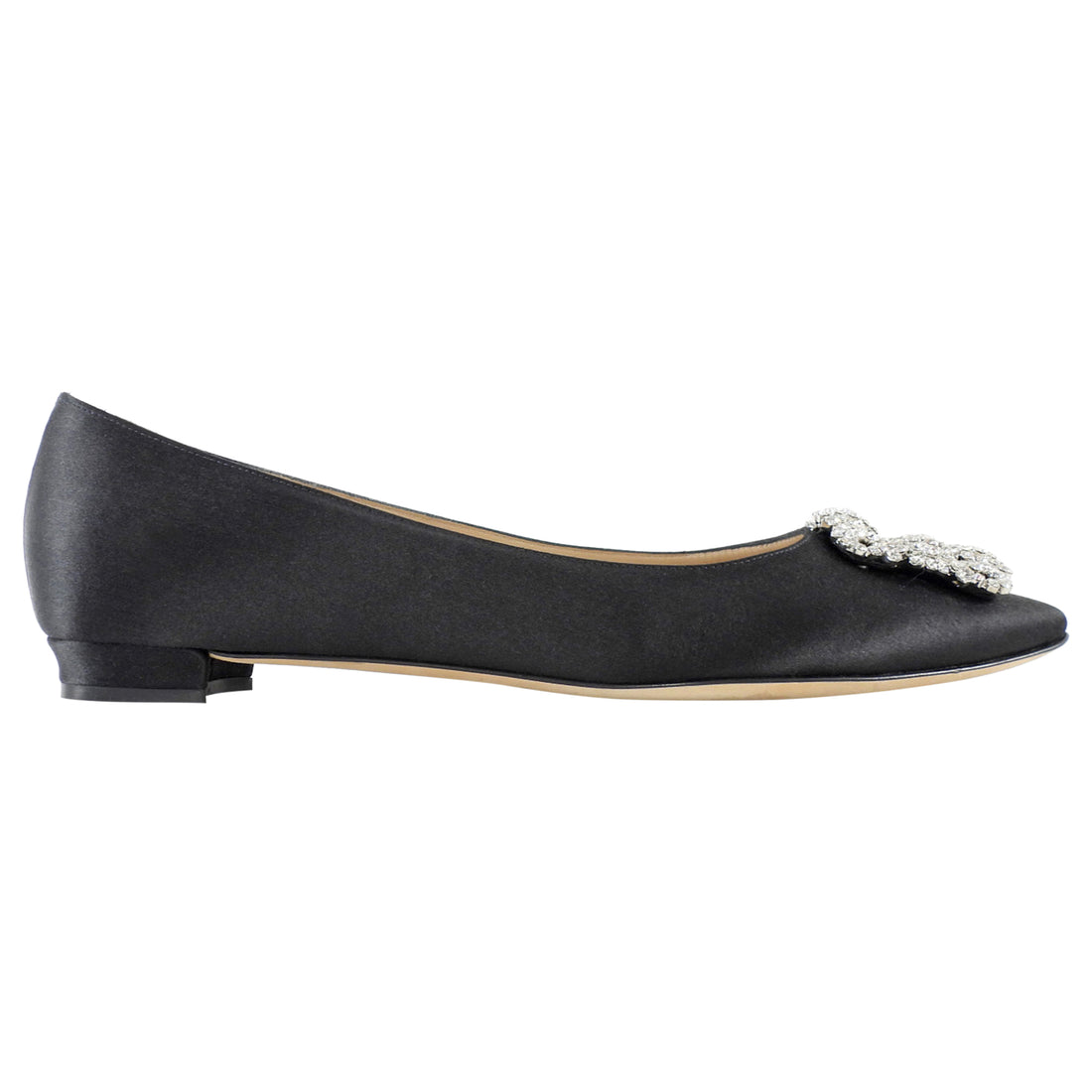 Manolo Blahnik Black Satin Crystal Hangisi Pointed Flats - 39.5