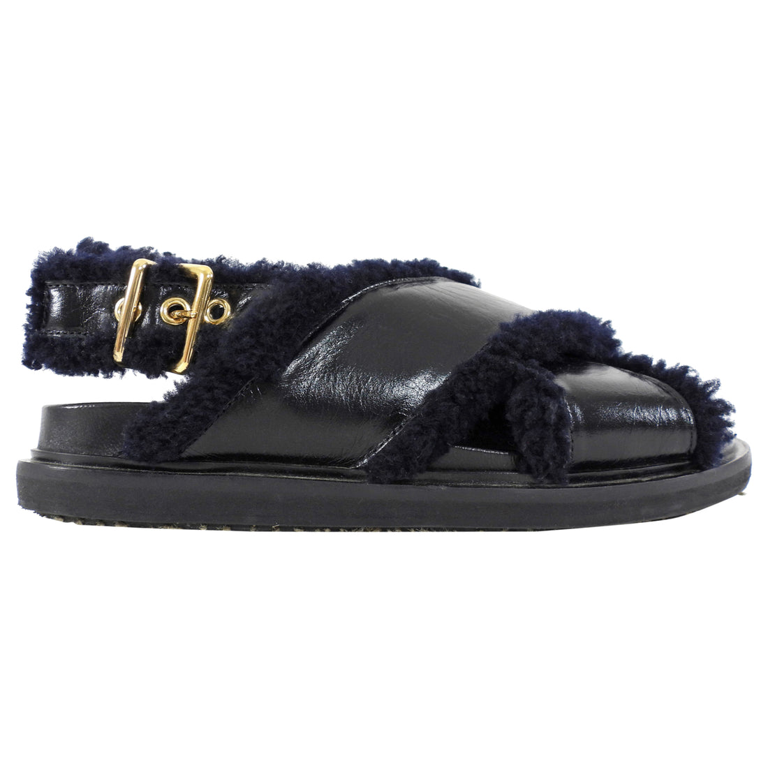 Marni Black and Navy Shearling Fussbett Sandals - 37