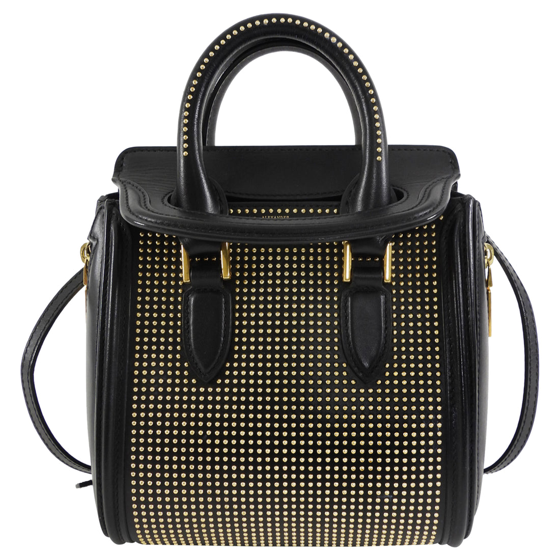 Alexander McQueen Gold Studded Black Leather Mini Heroine Top Handle Bag