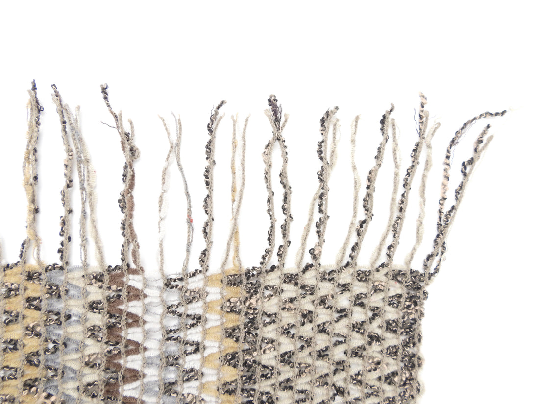 Missoni Brown Multicolor Zig Zag Crochet Knit Fringed Scarf