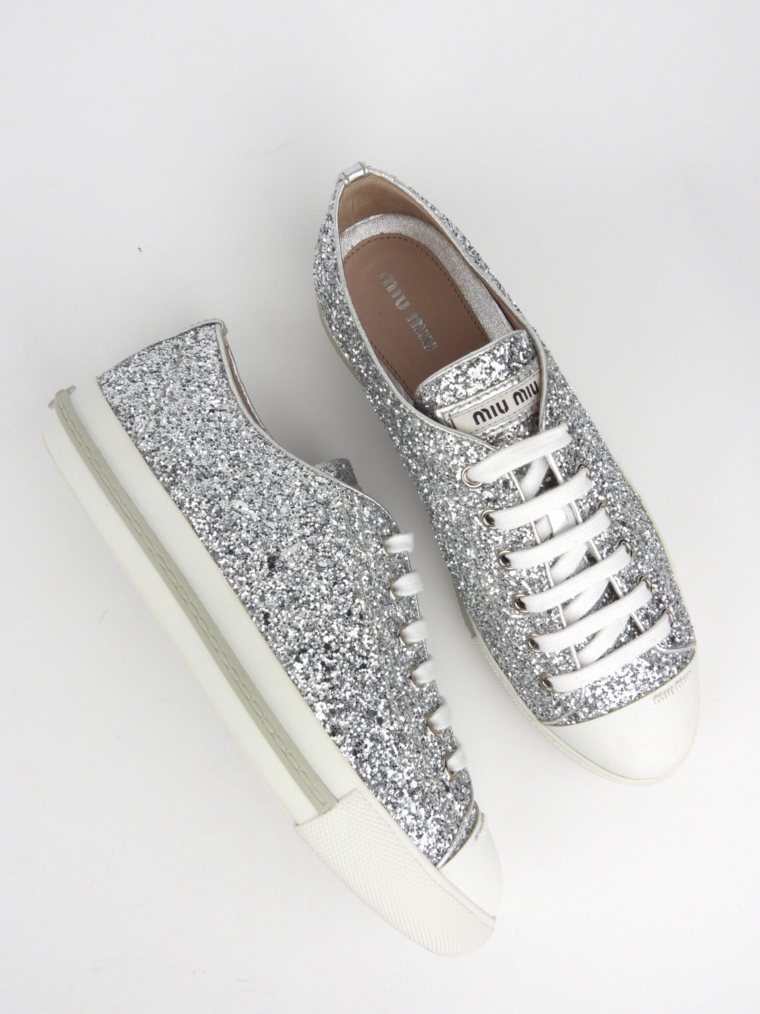 Miu Miu Metallic Silver Glitter Leather Sneakers - 38.5 IT