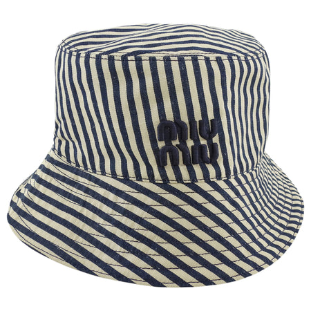 Miu Miu Navy Beige Stripe Canvas Reversible Logo Bucket Hat - M