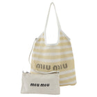 Miu Miu Beige White Woven Stripe Linen Logo Shoulder Tote Bag with Pouch