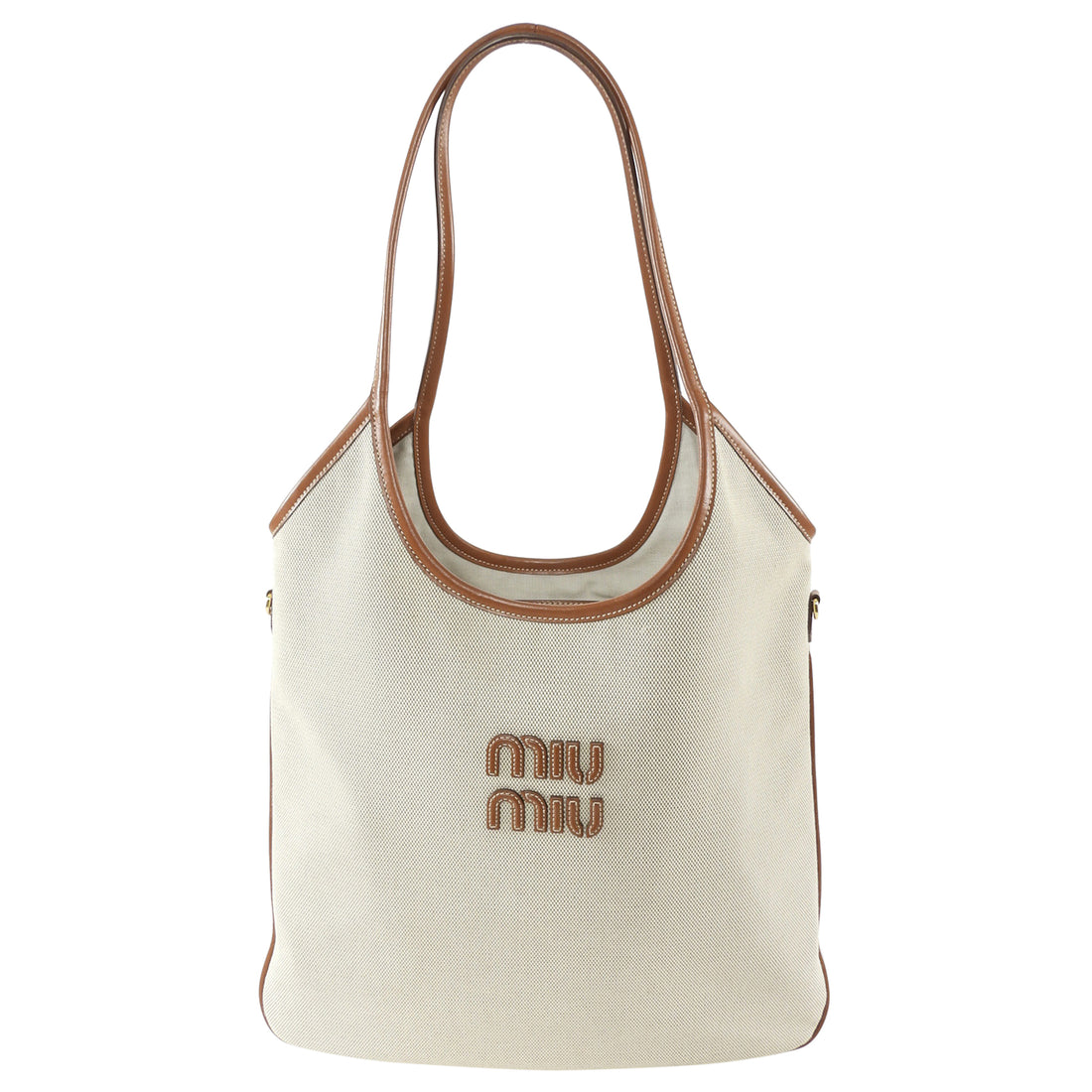 Miu Miu Ecru Canvas and Tan Brown Leather Ivy Hobo Tote Bag