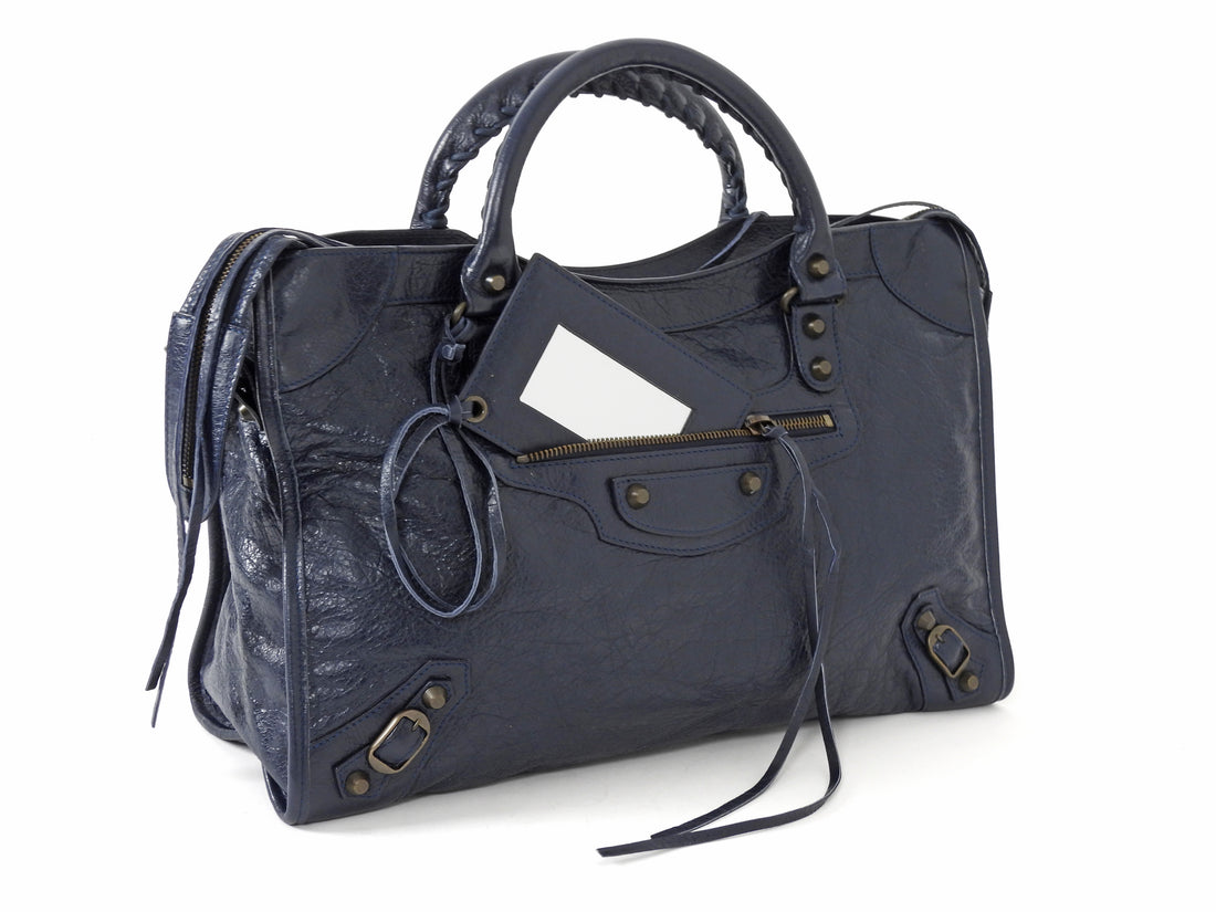 Balenciaga Navy Blue Lambskin Moto Classic City Bag