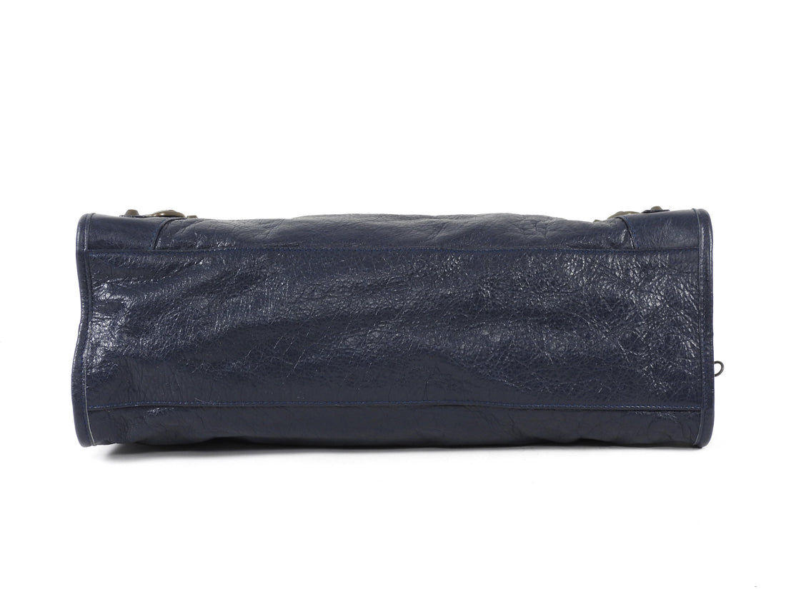 Balenciaga Navy Blue Lambskin Moto Classic City Bag