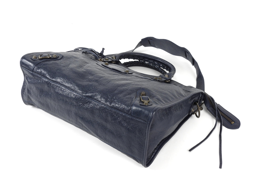 Balenciaga Navy Blue Lambskin Moto Classic City Bag