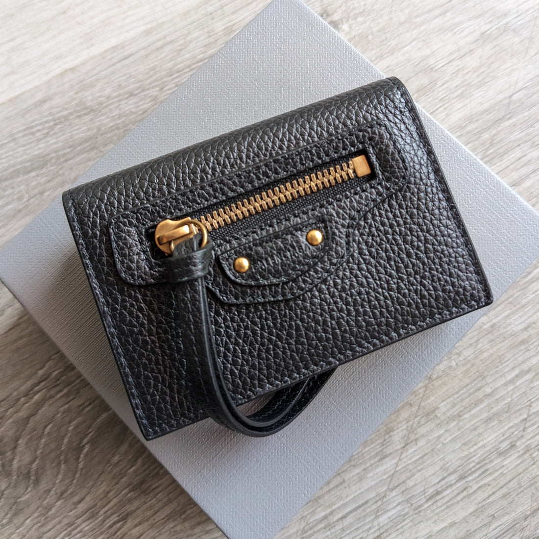 Balenciaga Black Grained Leather Neo City Tri-Fold Mini Wallet