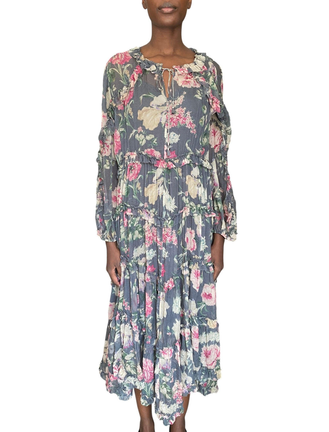 zimmermann grey dress Zimmermann Pussy Bow Ruffled Maxi Dress White Zig Zag Print Crepe Size –  Celebrity Owned main image 1