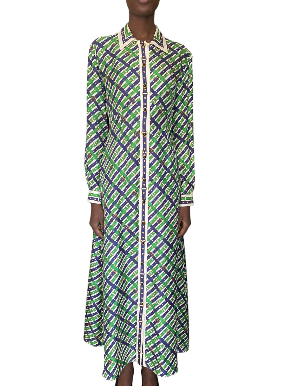 Gucci Green & Blue Silk Printed Shirt Dress - 44 / US 8 I MISS YOU VINTAGE Gucci Green & Blue Silk Printed Shirt Dress - 44 / US 8 I MISS YOU VINTAGE