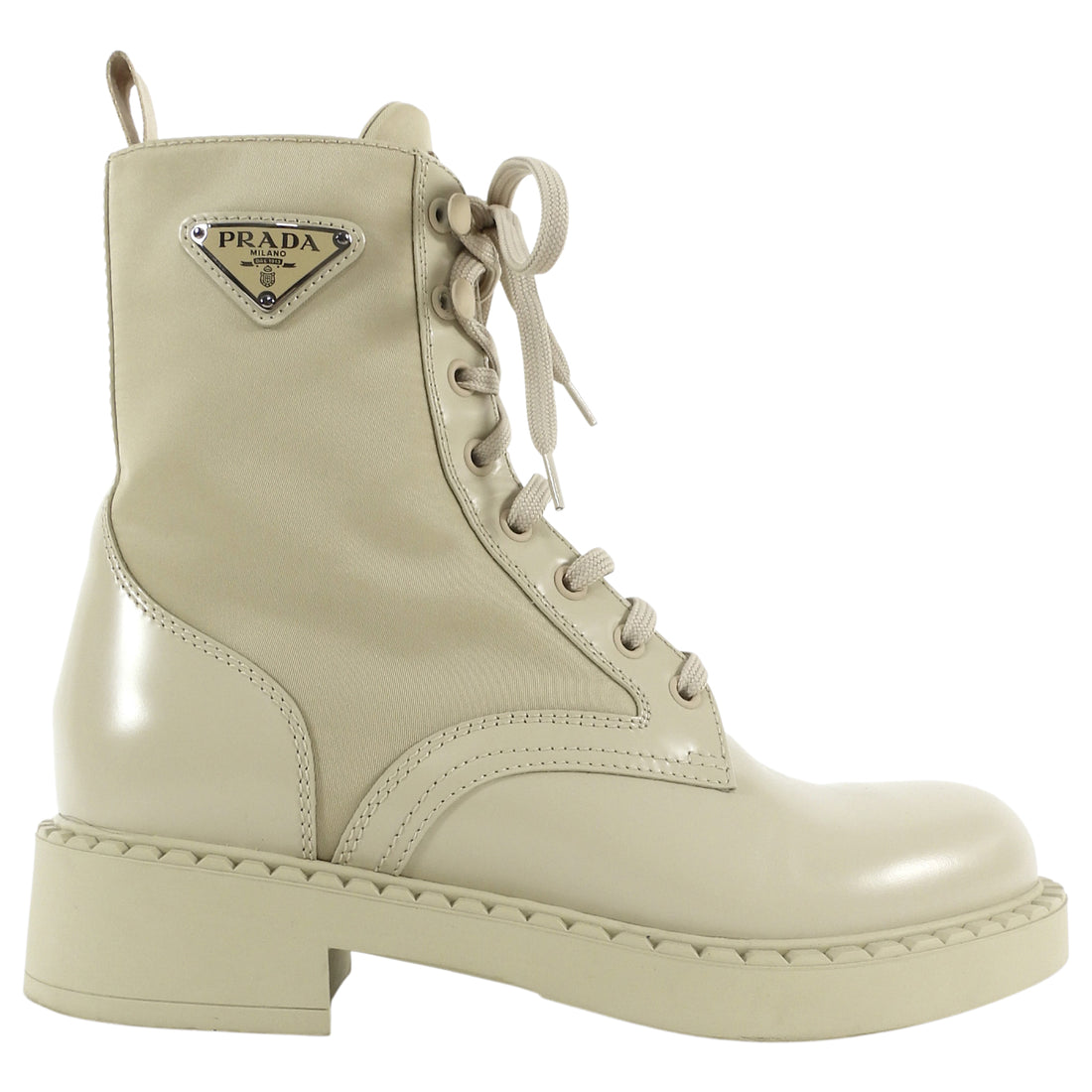 Prada Beige Re-Nylon Leather Metal Triangle Logo Combo Desert Boot - 39