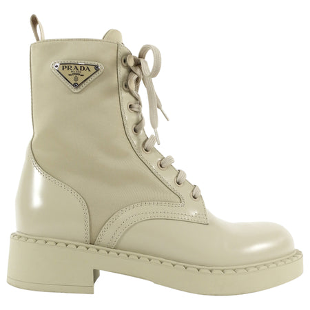 Prada Beige Re-Nylon Leather Metal Triangle Logo Combo Desert Boot - 39
