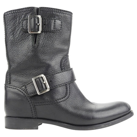 Prada Black Grained Leather Buckled Mid Calf Boots - 37.5