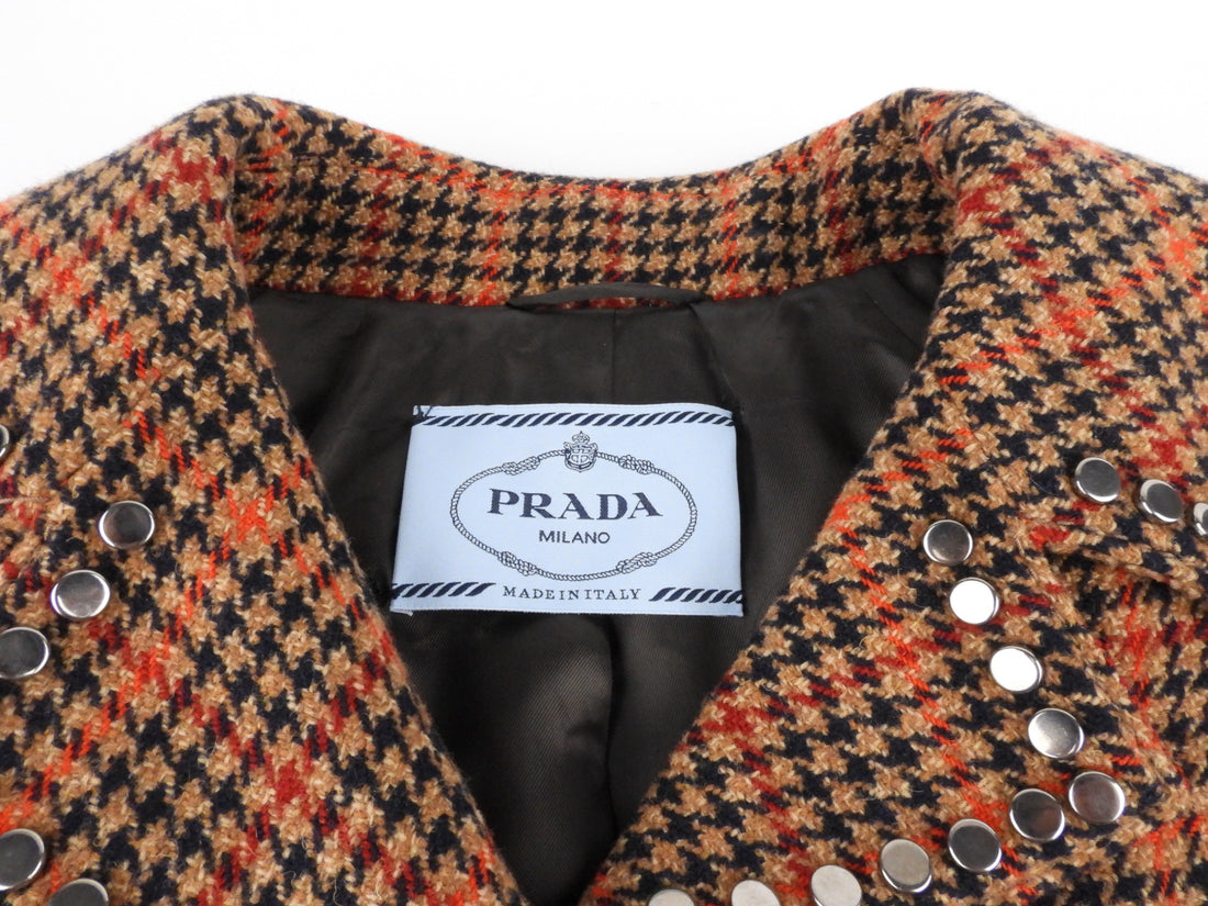 Prada Leather Trim Studded Fringe Wool-Blend Check Tweed Jacket - 38