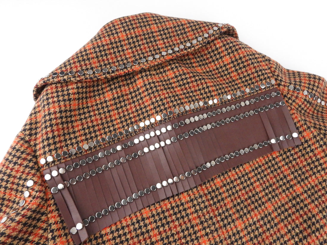 Prada Leather Trim Studded Fringe Wool-Blend Check Tweed Jacket - 38