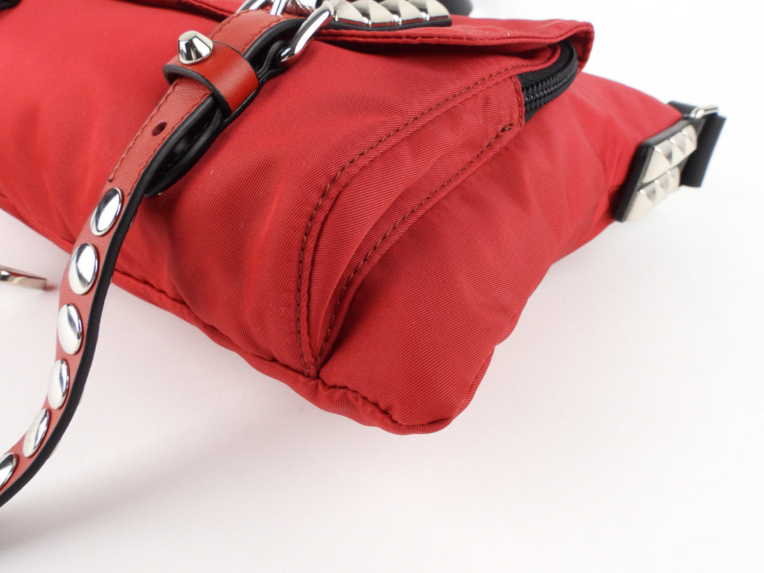 Prada Cherry Red Tessuto Nylon New Vela Studded Shoulder Bag