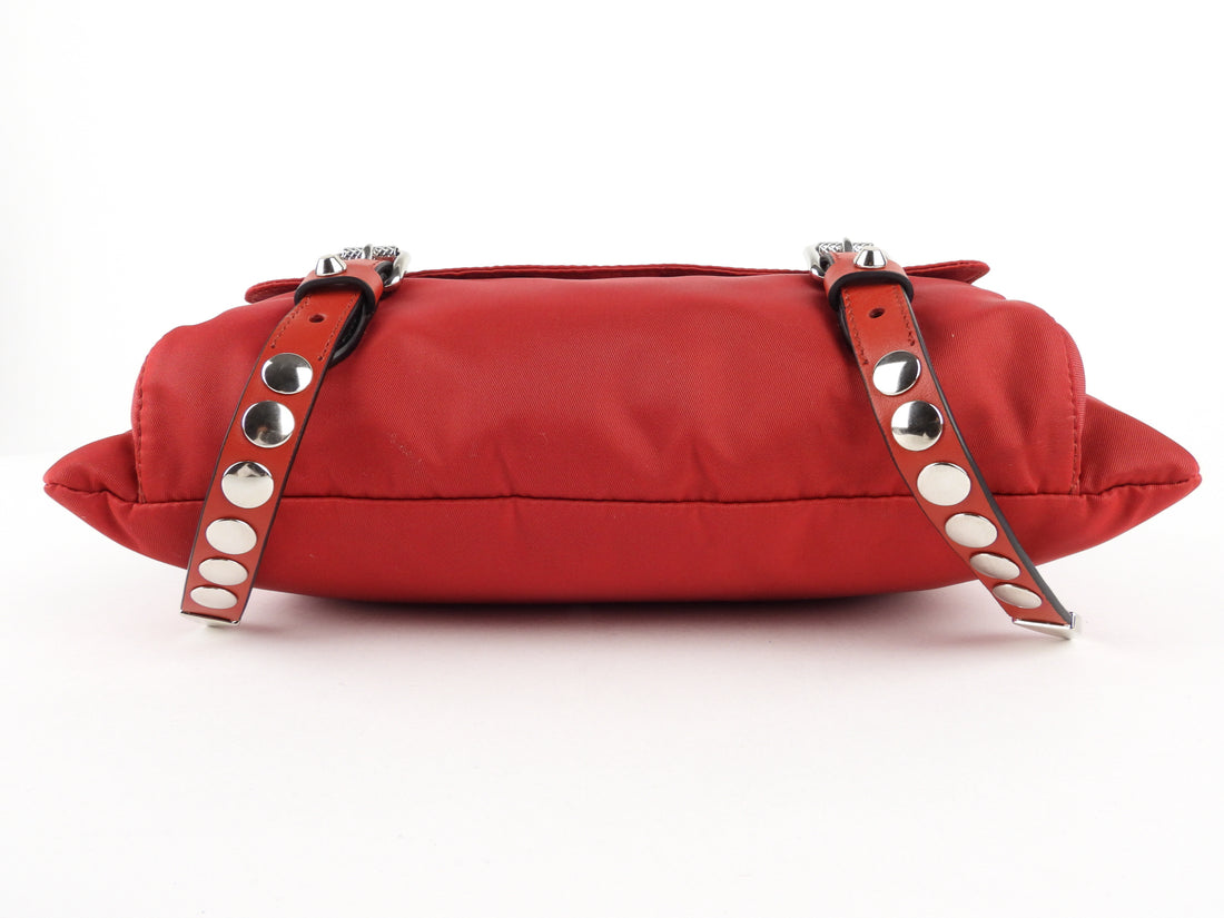 Prada Cherry Red Tessuto Nylon New Vela Studded Shoulder Bag – I