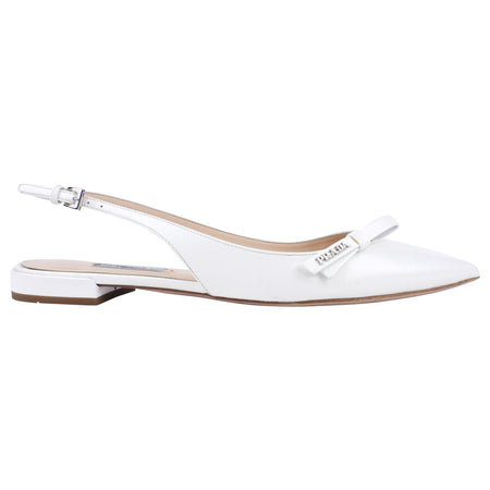 Prada White Shiny Saffiano Leather Bow Accent Slingback Pointed Flats - 40