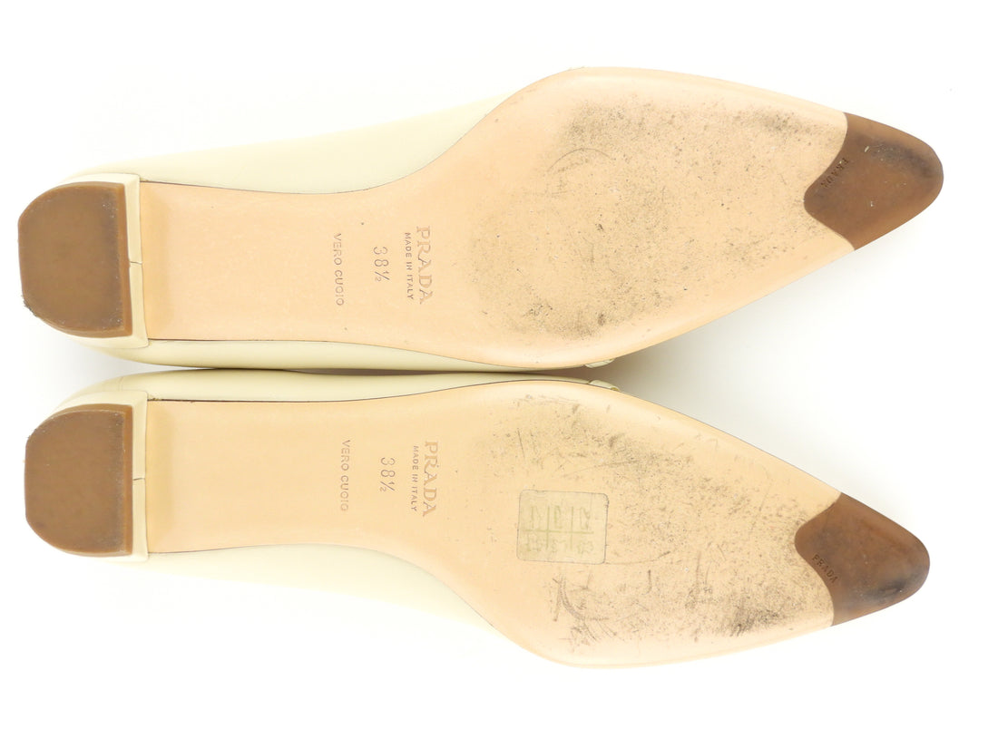 Prada Ivory Leather Pointed Toe Flats - 38.5