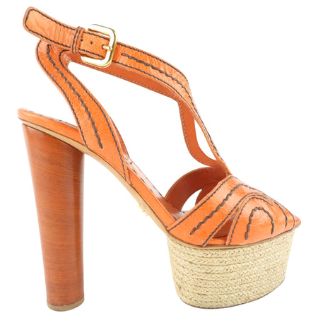 Prada Orange Leather Wood Block Heel Espadrille Platform Sandals - 37.5