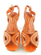 Prada Orange Leather Wood Block Heel Espadrille Platform Sandals - 37.5