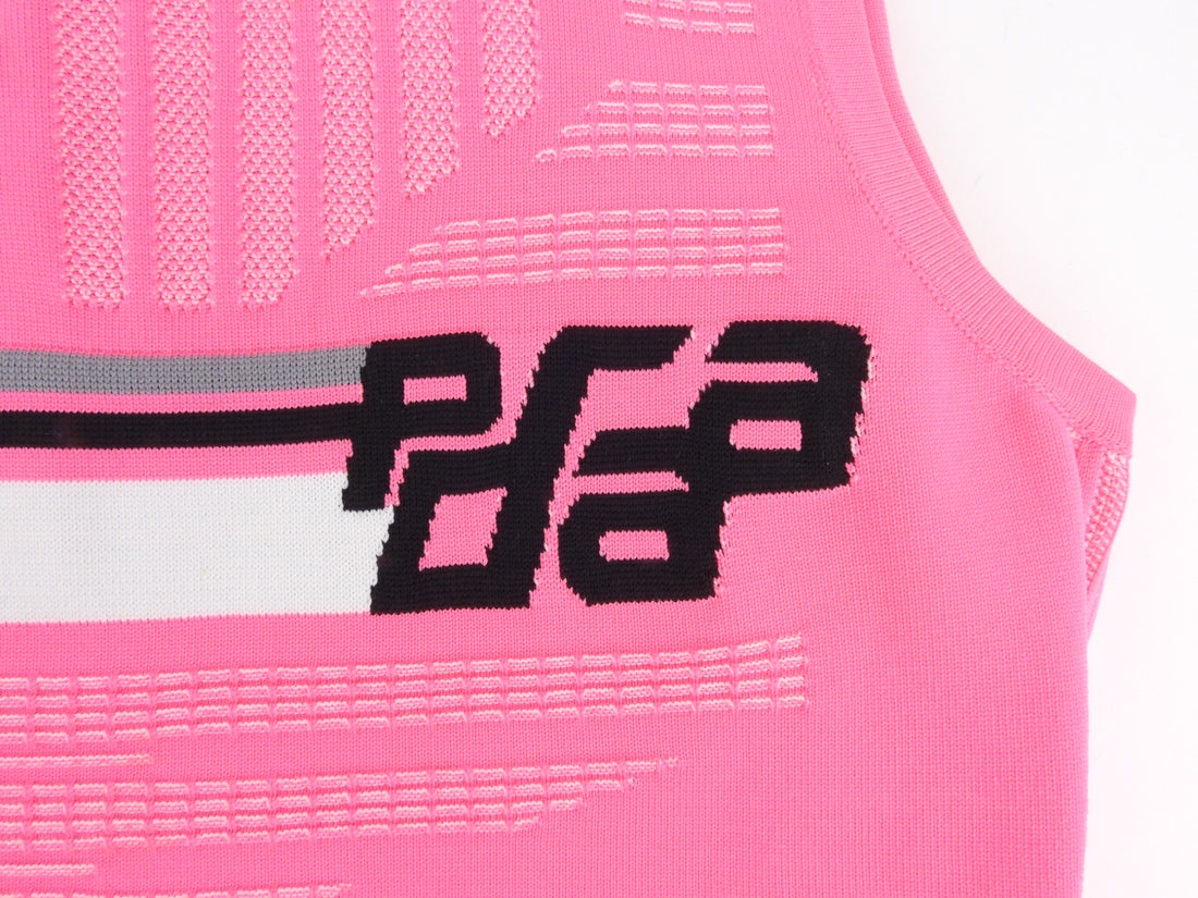 Prada 2018 Hot Pink Racing Sports Logo Stretch Knit Bodycon Zip Neck Tank Top - 38