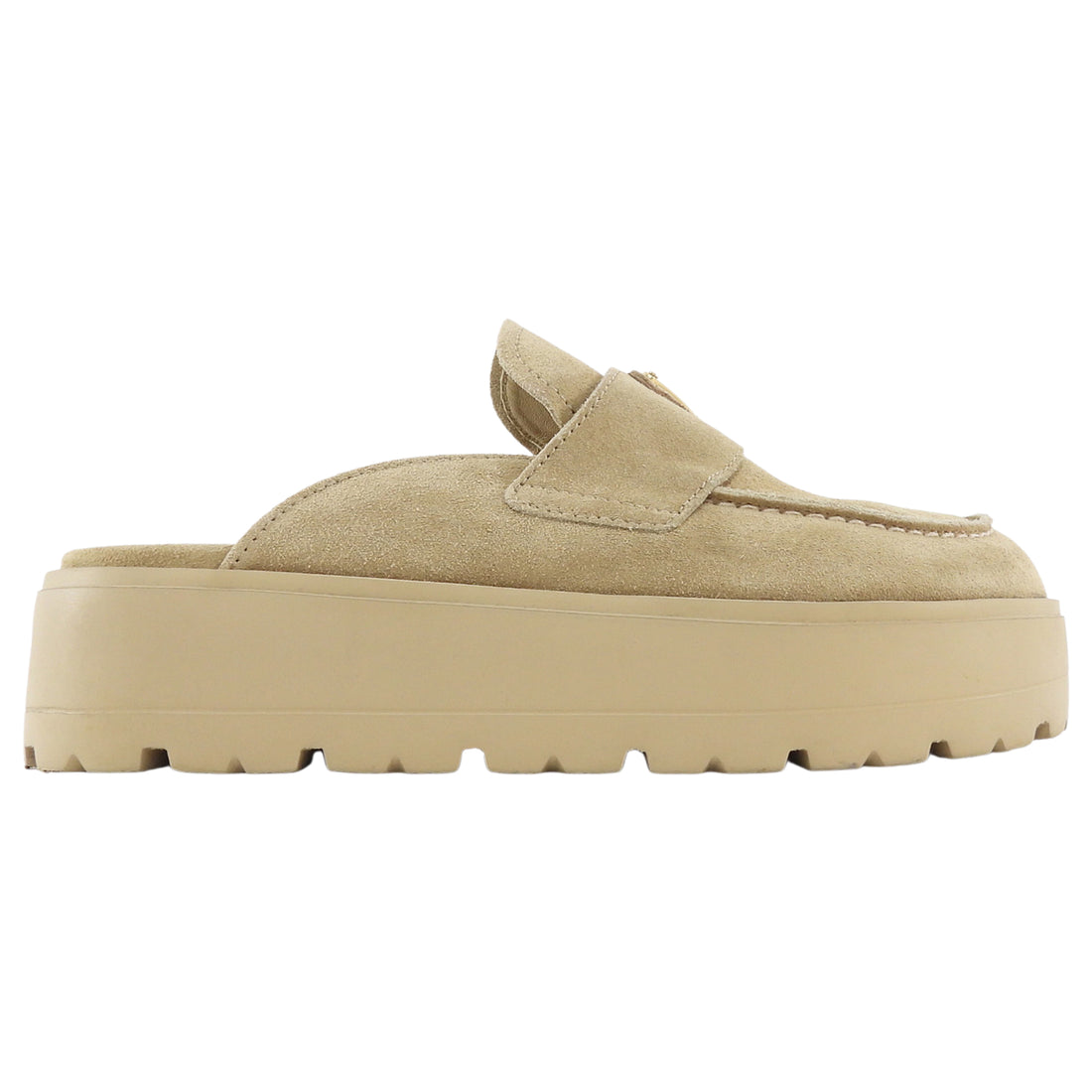 Prada Beige Suede Leather Fussbet Triangle Logo Platform Slip On Mules - 37
