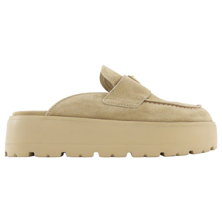 Prada Beige Suede Leather Fussbet Triangle Logo Platform Slip On Mules - 37