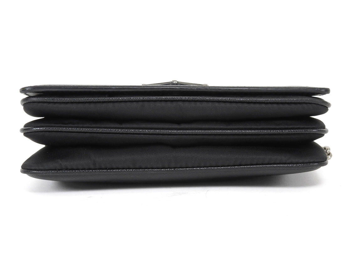 Prada Black Saffiano Leather and Nylon Tessuto Small Chain Bag