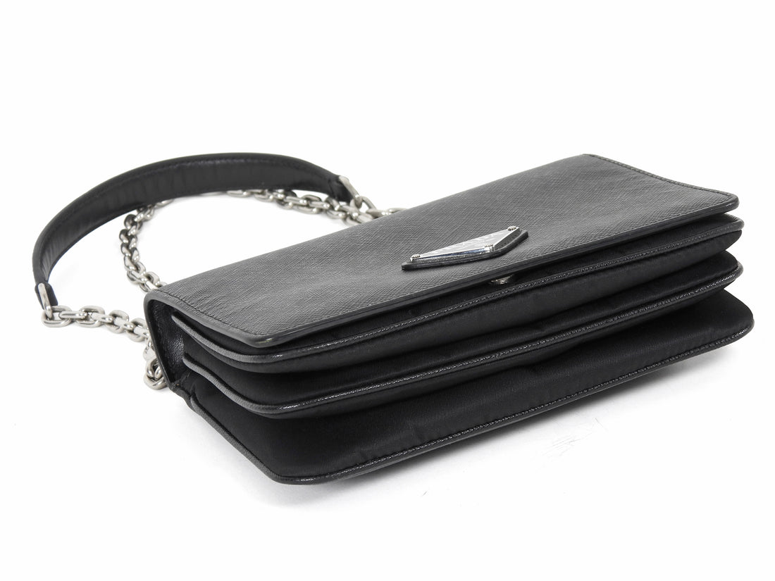 Prada Black Saffiano Leather and Nylon Tessuto Small Chain Bag