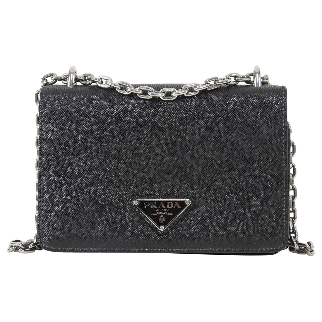 Prada Black Saffiano Leather and Nylon Tessuto Small Chain Bag