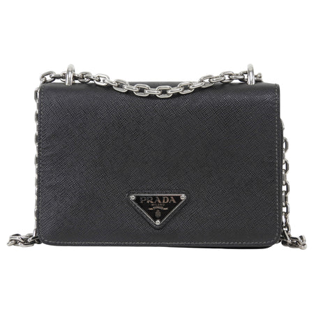 Prada Black Saffiano Leather and Nylon Tessuto Small Chain Bag